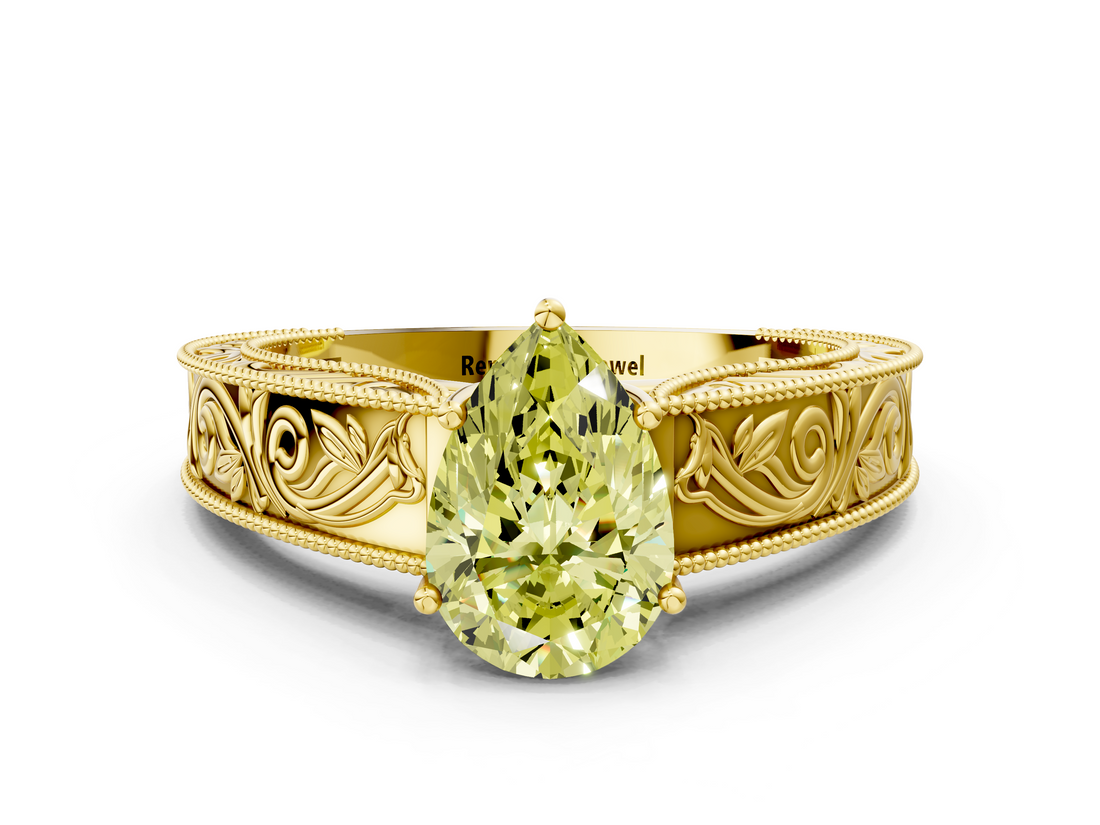 Yellow gold Fancy Yellow Pear  Cut Solitaire Engraved Band with Four-Prong Setting_62