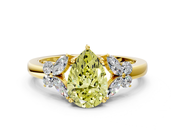 Yellow gold Fancy Yellow Pear  Cut Solitaire Floral Diamond Ring with Four-Prong Setting