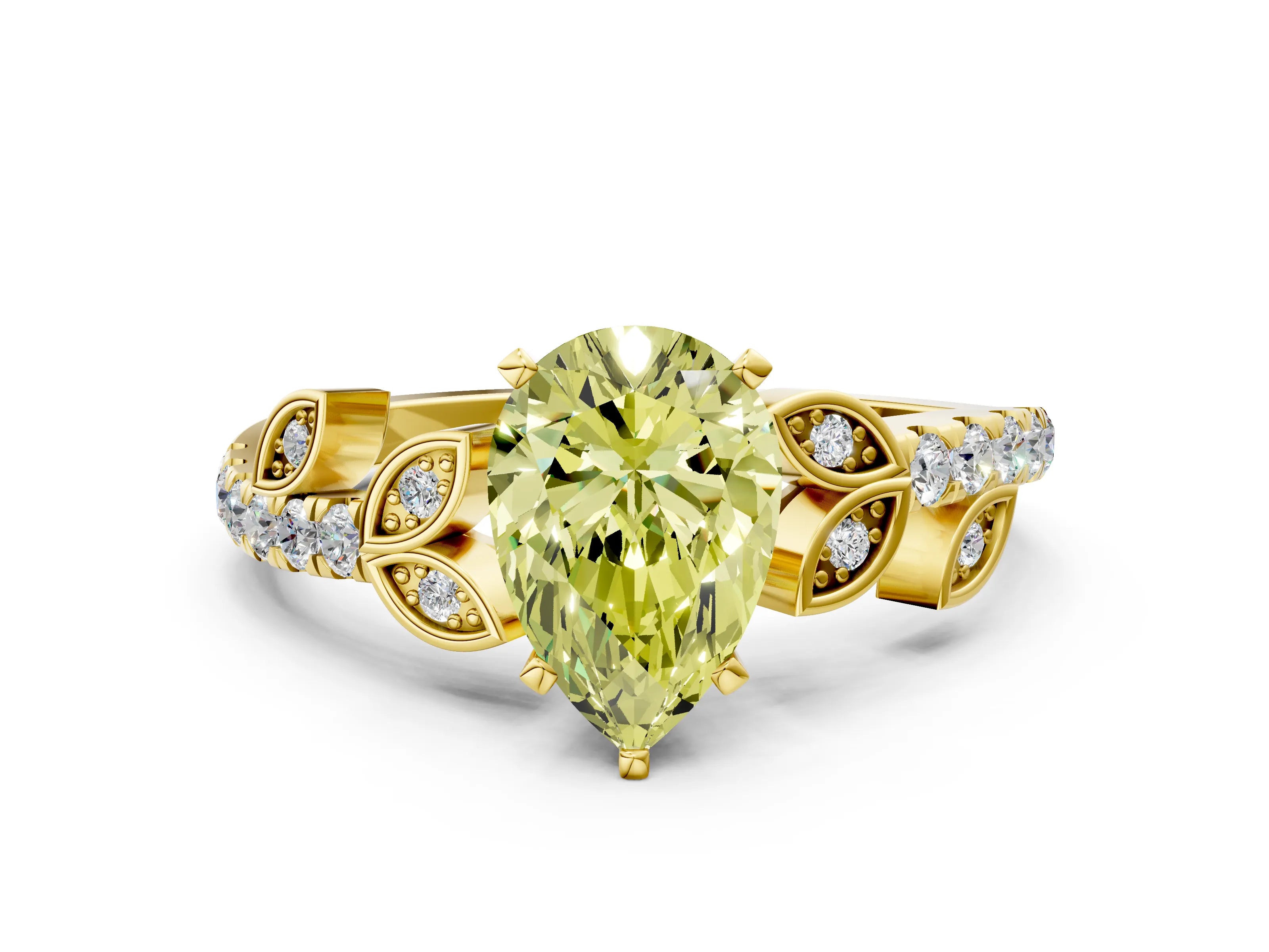 Yellow gold Fancy Yellow Pear Cut Solitaire Leaf-Inspired Diamond Ring with Pavé Band and Four-Prong Setting