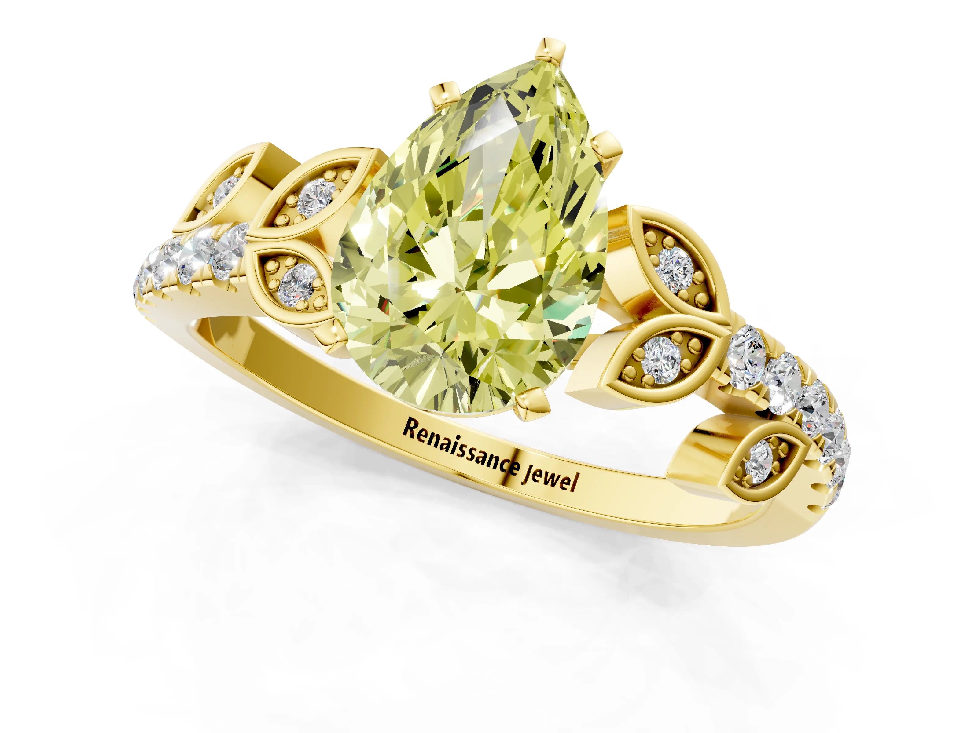 Yellow gold Fancy Yellow Pear Cut Solitaire Leaf-Inspired Diamond Ring with Pavé Band and Four-Prong Setting_1