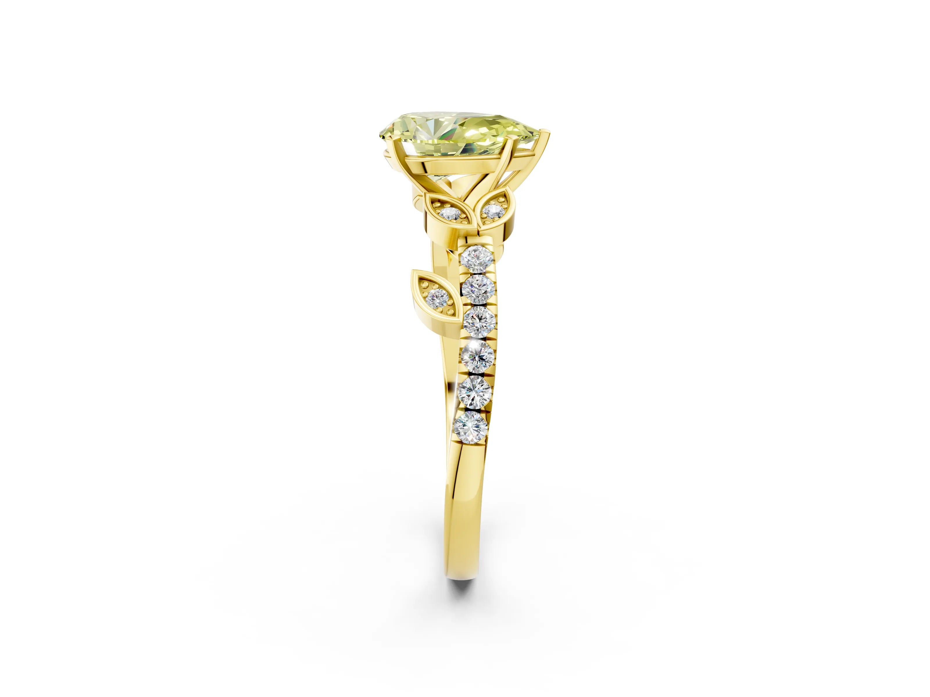 Yellow gold Fancy Yellow Pear Cut Solitaire Leaf-Inspired Diamond Ring with Pavé Band and Four-Prong Setting_2