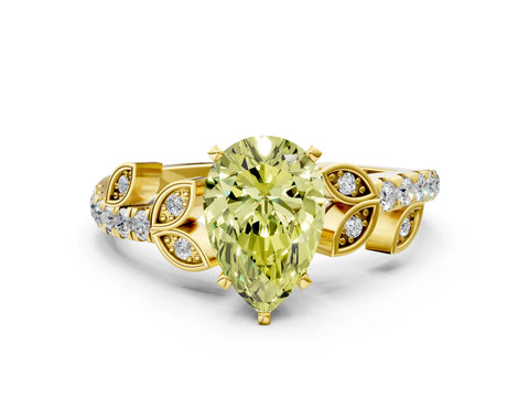 Yellow gold Fancy Yellow Pear Cut Solitaire Leaf-Inspired Diamond Ring with Pavé Band and Four-Prong Setting