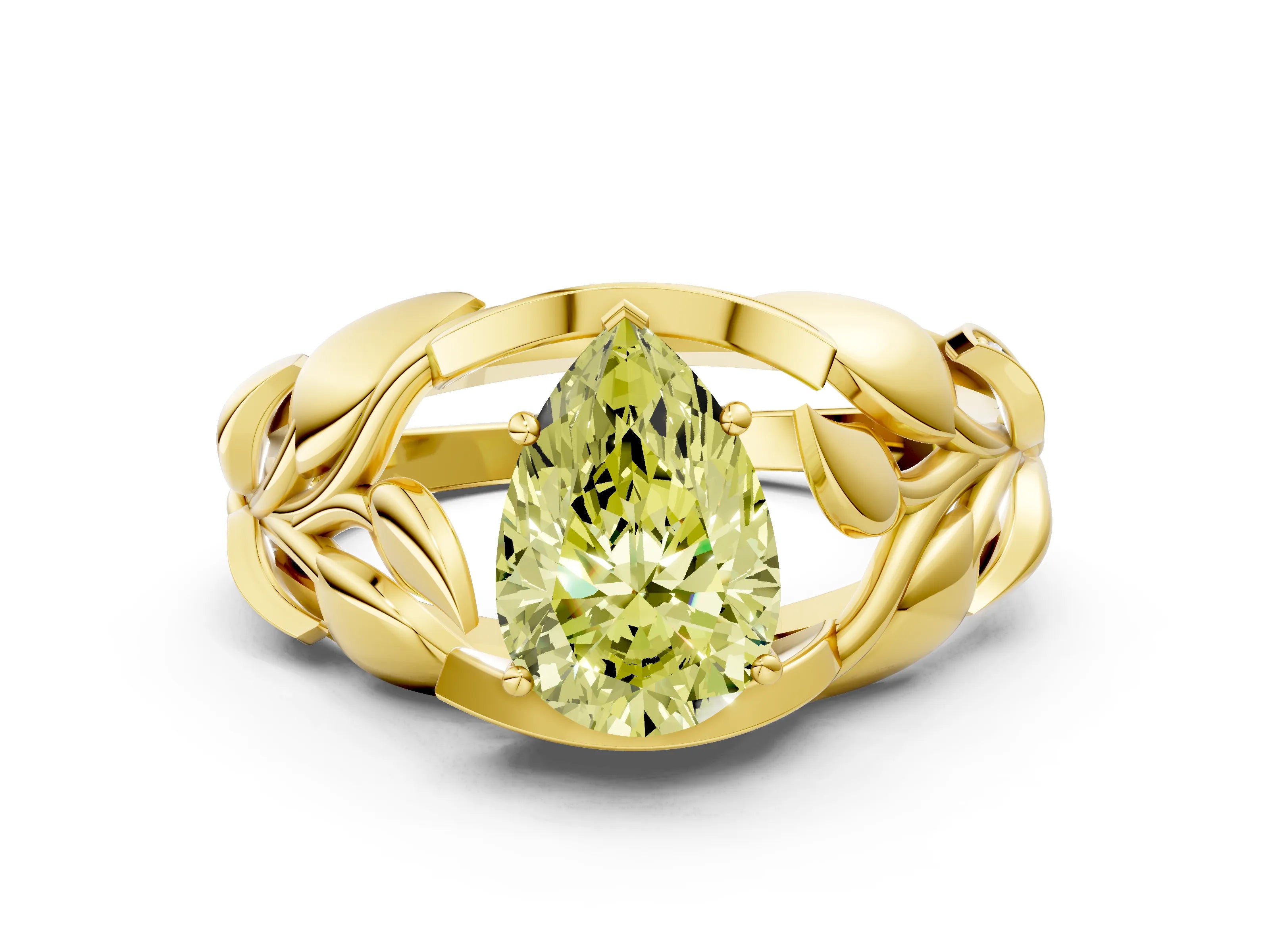 Yellow gold Fancy Yellow Pear Cut Solitaire Leaf-Inspired Engagement Ring with Prong Setting