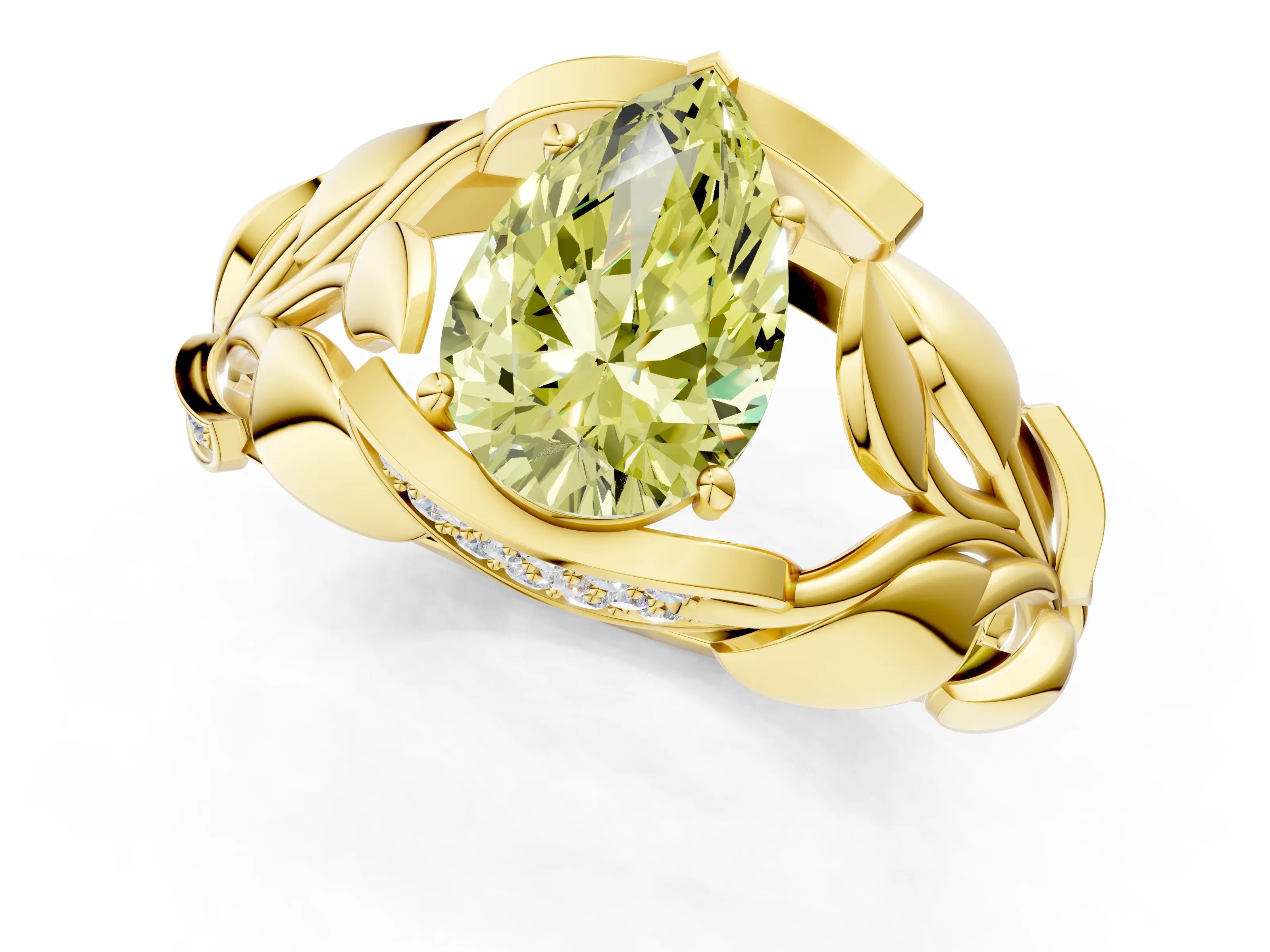 Yellow gold Fancy Yellow Pear Cut Solitaire Leaf-Inspired Engagement Ring with Prong Setting_1
