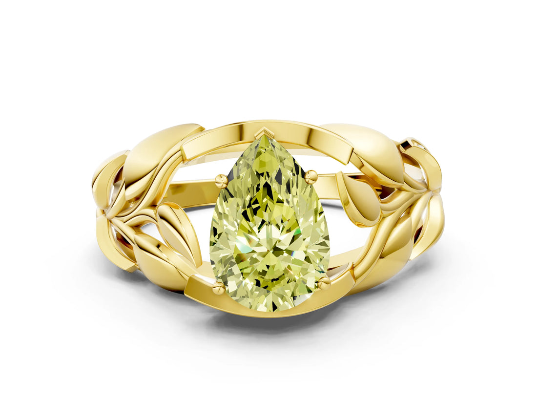 Yellow gold Fancy Yellow Pear Cut Solitaire Leaf-Inspired Engagement Ring with Prong Setting_12