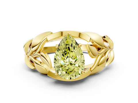 Yellow gold Fancy Yellow Pear Cut Solitaire Leaf-Inspired Engagement Ring with Prong Setting
