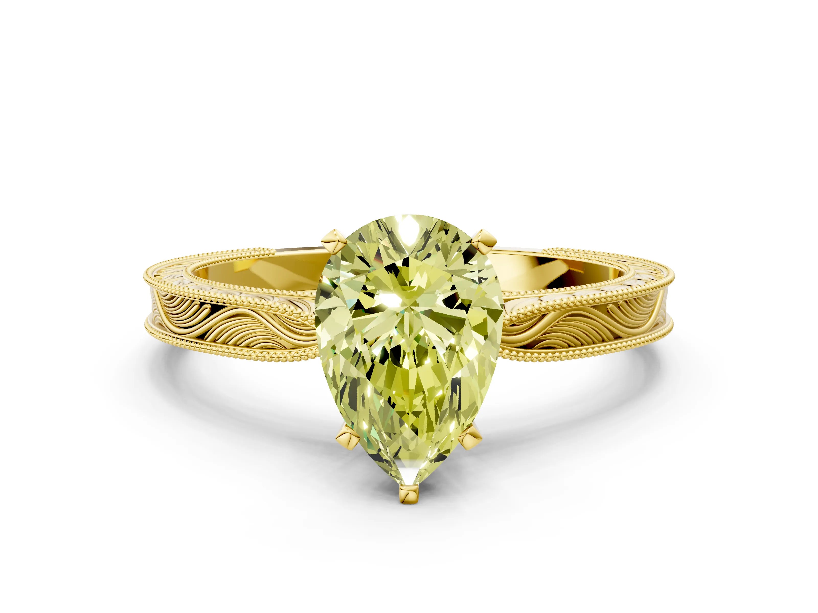 Yellow gold Fancy Yellow Pear Cut Solitaire Milgrain Engraved Band with Four-Prong Setting