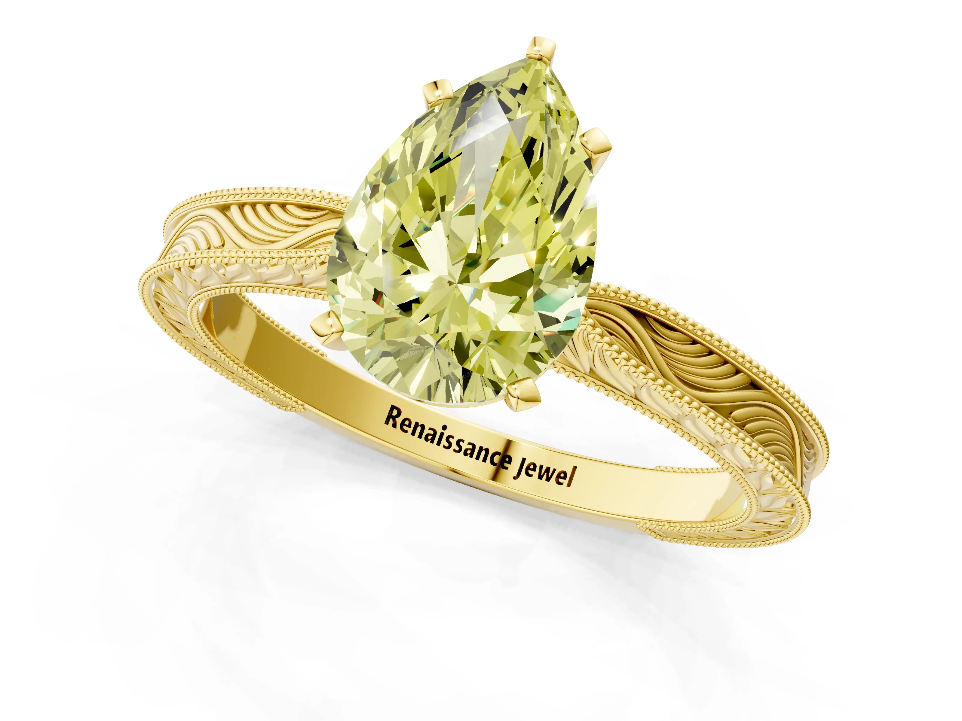 Yellow gold Fancy Yellow Pear Cut Solitaire Milgrain Engraved Band with Four-Prong Setting_1