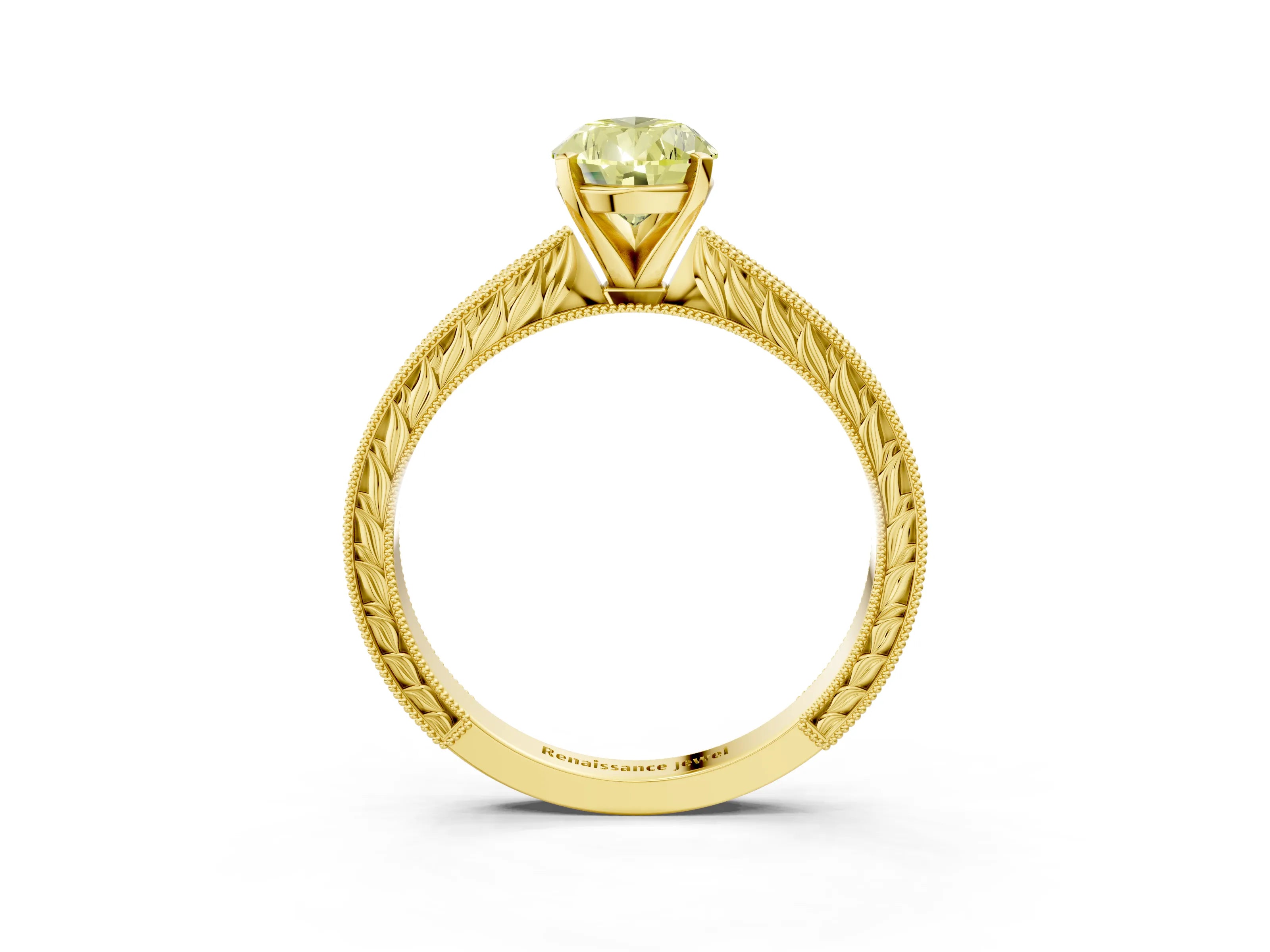 Yellow gold Fancy Yellow Pear Cut Solitaire Milgrain Engraved Band with Four-Prong Setting_3