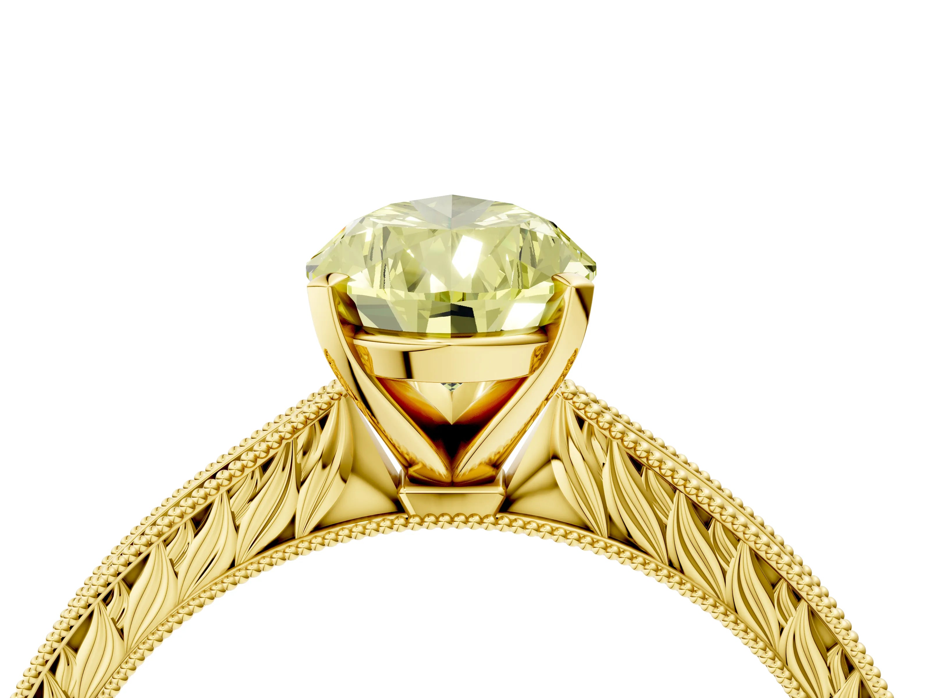 Yellow gold Fancy Yellow Pear Cut Solitaire Milgrain Engraved Band with Four-Prong Setting_4