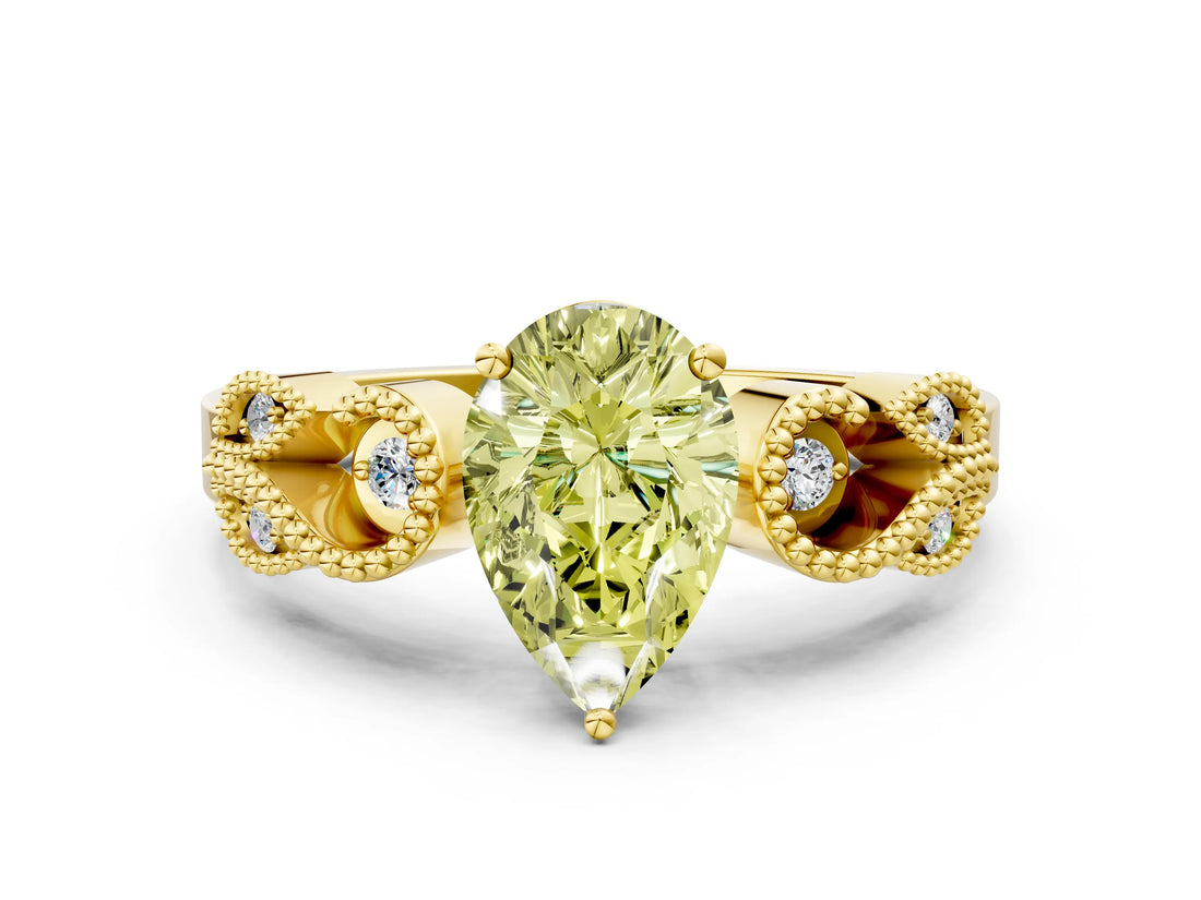 Yellow gold Fancy Yellow Pear Cut Solitaire Milgrain Leaf Band with Prong Setting