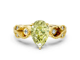 Yellow gold Fancy Yellow Pear Cut Solitaire Milgrain Leaf Band with Prong Setting