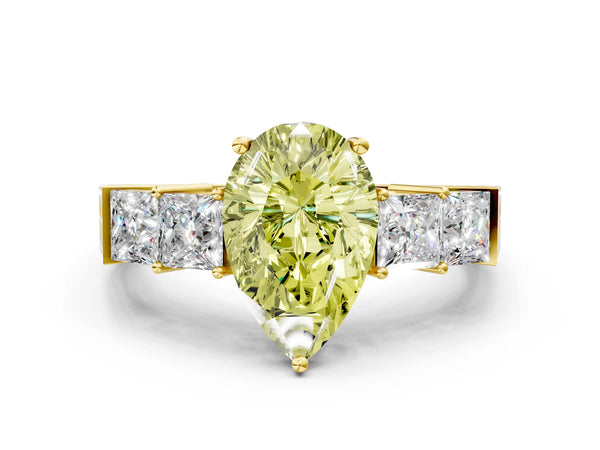 Yellow gold Fancy Yellow Pear Cut Solitaire Princess Side Stone Engraved Band Prong Setting Ring