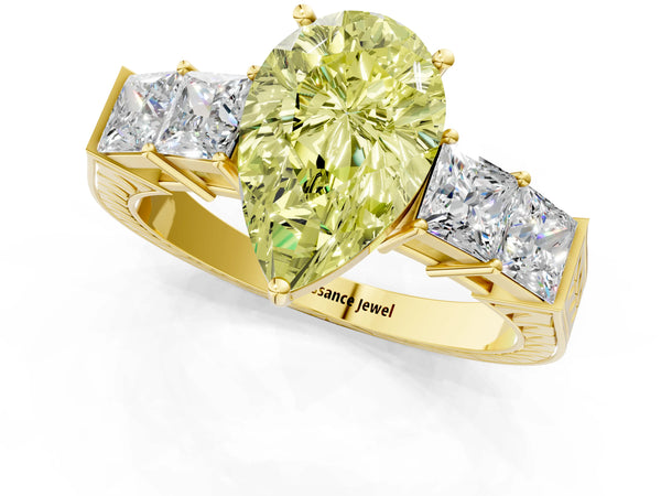Yellow gold Fancy Yellow Pear Cut Solitaire Princess Side Stone Engraved Band Prong Setting Ring
