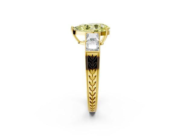 Yellow gold Fancy Yellow Pear Cut Solitaire Princess Side Stone Engraved Band Prong Setting Ring