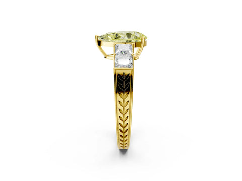 Yellow gold Fancy Yellow Pear Cut Solitaire Princess Side Stone Engraved Band Prong Setting Ring_2