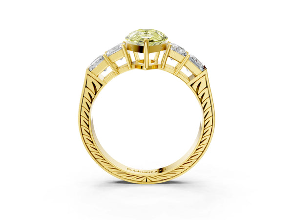 Yellow gold Fancy Yellow Pear Cut Solitaire Princess Side Stone Engraved Band Prong Setting Ring