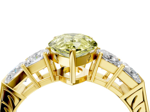 Yellow gold Fancy Yellow Pear Cut Solitaire Princess Side Stone Engraved Band Prong Setting Ring_4
