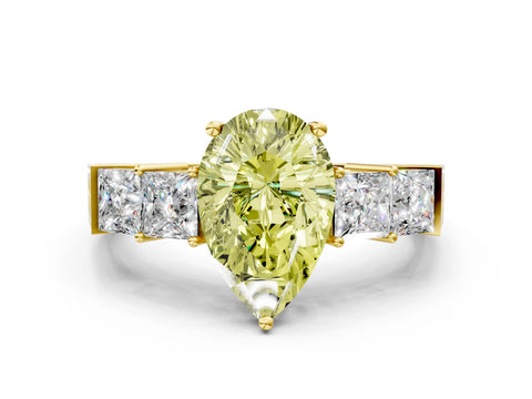 Yellow gold Fancy Yellow Pear Cut Solitaire Princess Side Stone Engraved Band Prong Setting Ring