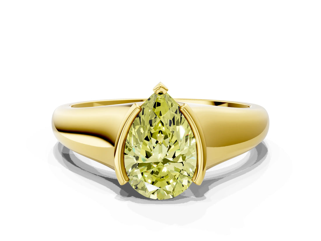 Yellow gold Fancy Yellow Pear Cut Solitaire Tension Set Diamond Ring with Split Shank Band