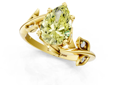 Yellow gold Fancy Yellow Pear Cut Solitaire Twist Engagement Ring with Leaf Accents and Prong Setting_13