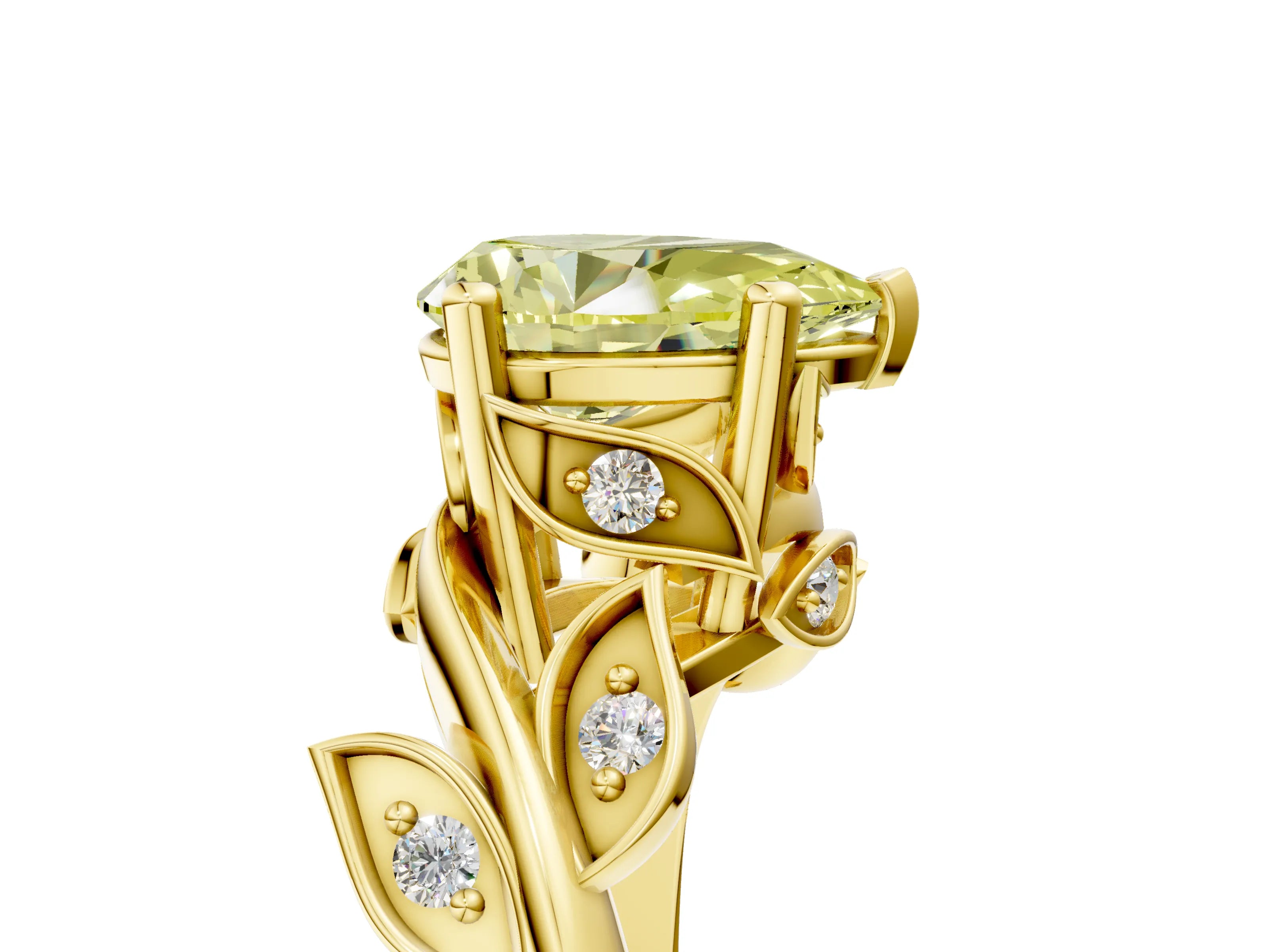 Yellow gold Fancy Yellow Pear Cut Solitaire Twist Engagement Ring with Leaf Accents and Prong Setting_17