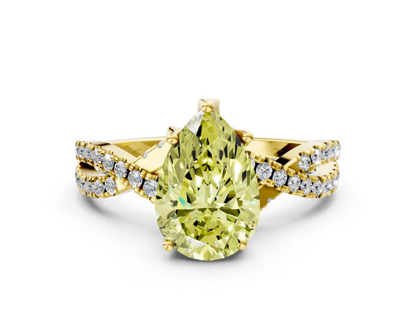 Yellow gold Fancy Yellow Pear Cut Solitaire Twist Pave Diamond Engagement Ring with Prong Setting