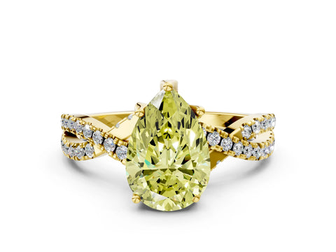 Yellow gold Fancy Yellow Pear Cut Solitaire Twist Pave Diamond Engagement Ring with Prong Setting
