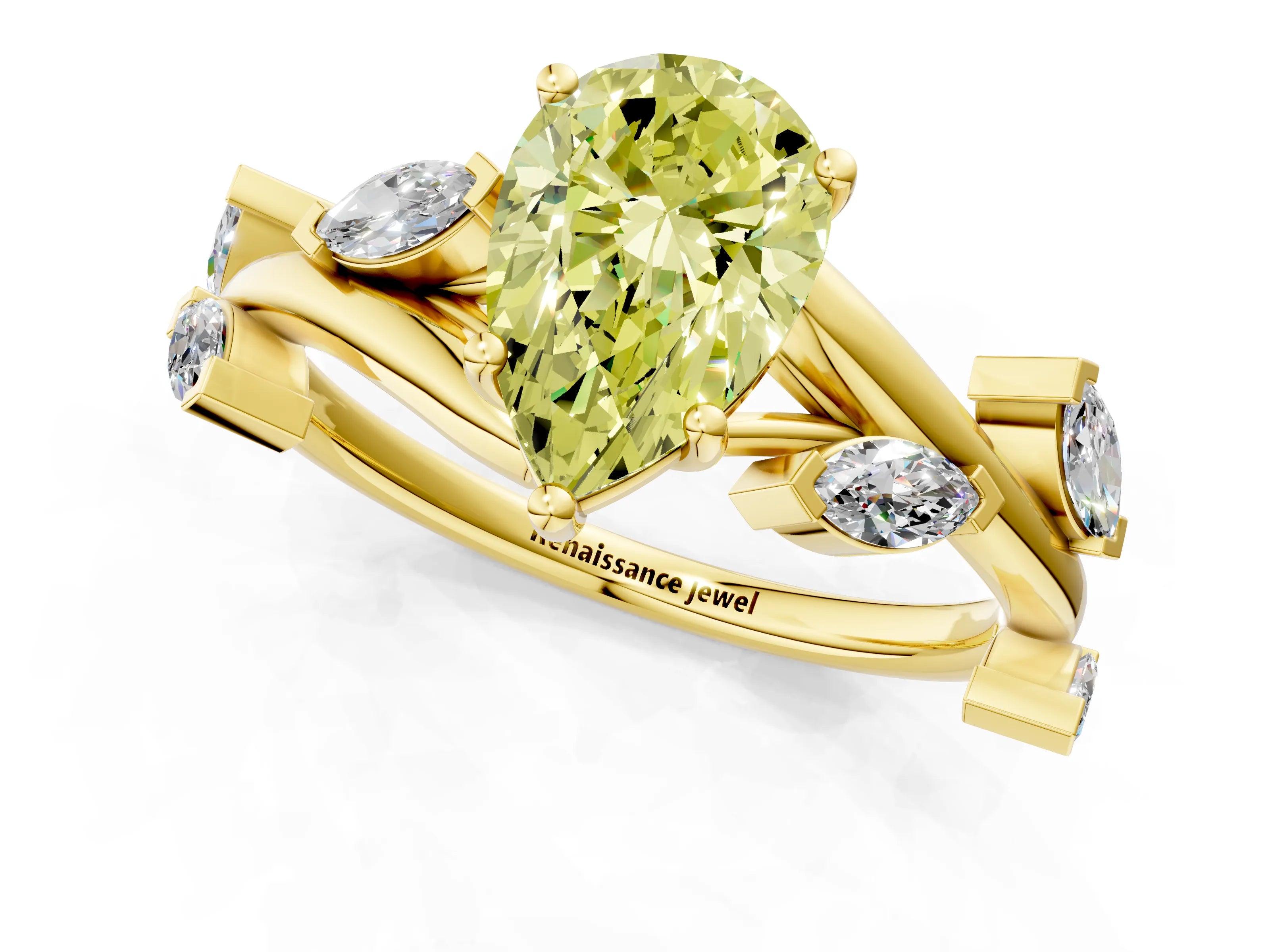Yellow gold Fancy Yellow Pear Cut Solitaire Twisted Band Marquise Accent Prong Setting Ring_1