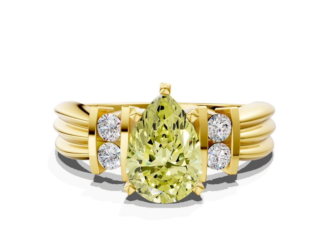 Yellow gold Fancy Yellow Pear  Cut Three-Stone Channel Set Ring with Bar Prongs_63