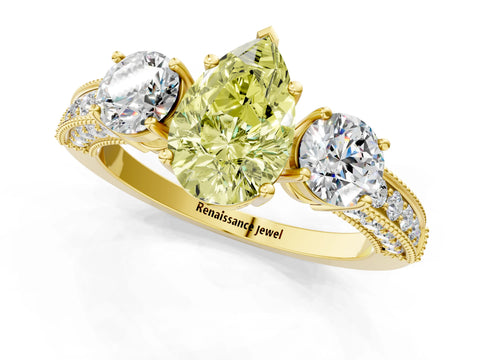 Yellow gold Fancy Yellow Pear Cut Three-Stone Diamond Ring with Pavé Band and Four-Prong Setting_1