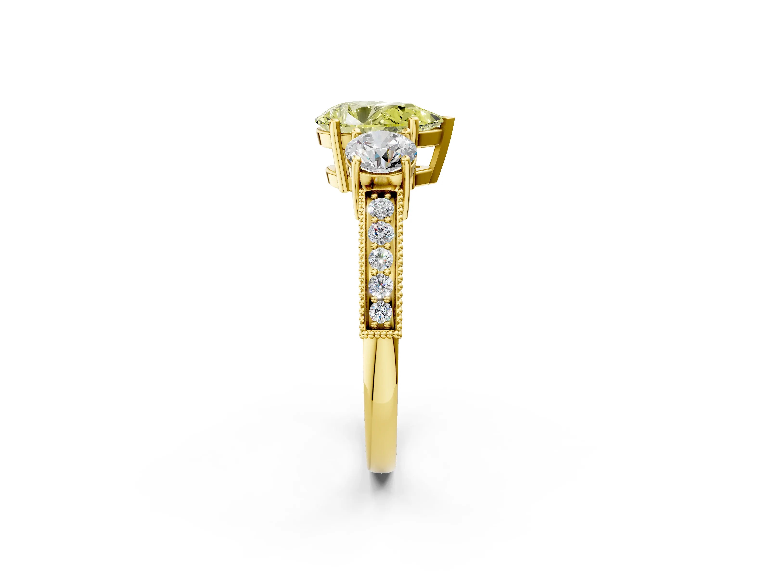 Yellow gold Fancy Yellow Pear Cut Three-Stone Diamond Ring with Pavé Band and Four-Prong Setting_2