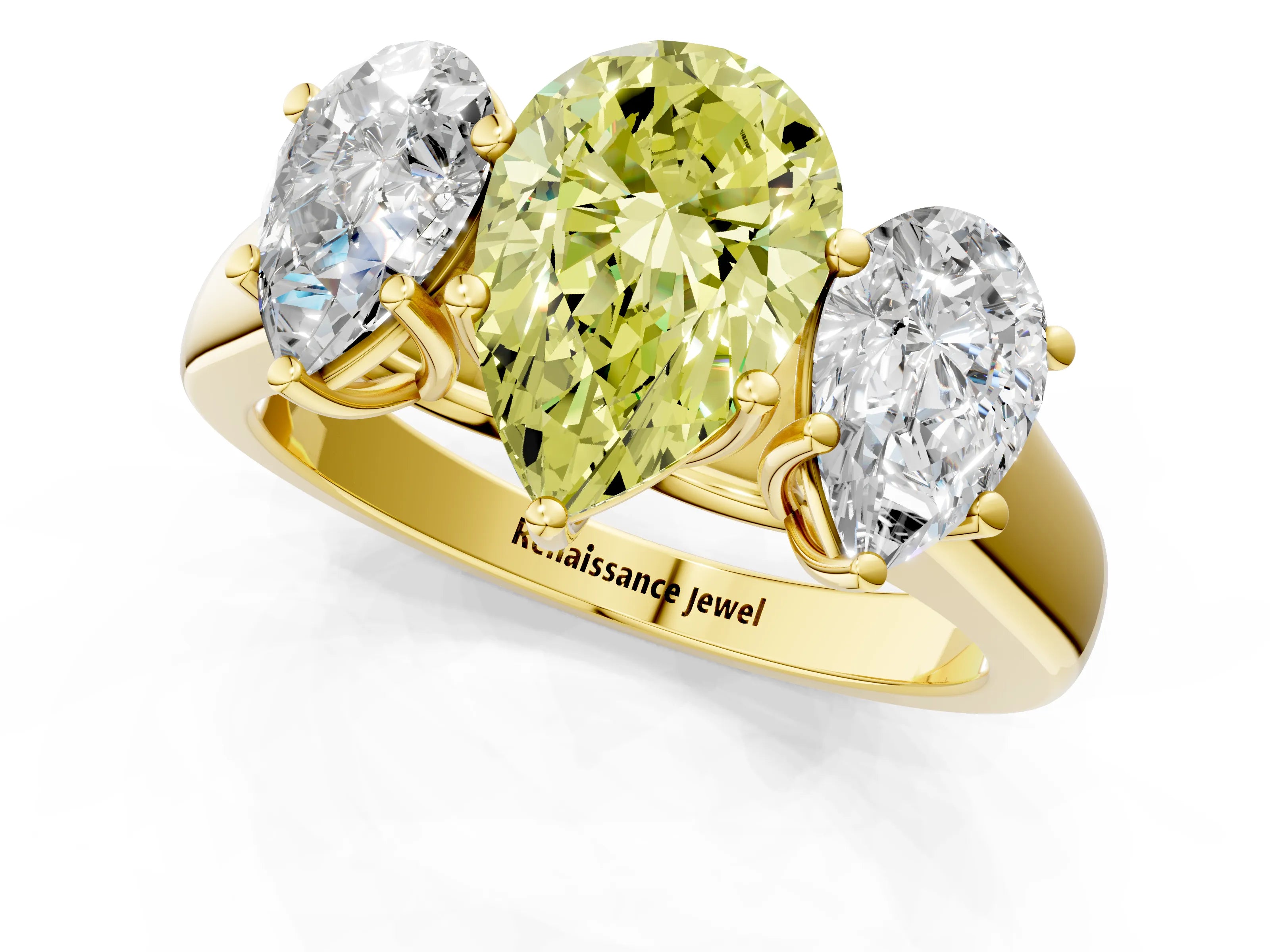 Yellow gold Fancy Yellow Pear Cut Three-Stone Diamond Ring with Prong Setting on a Classic Band_1