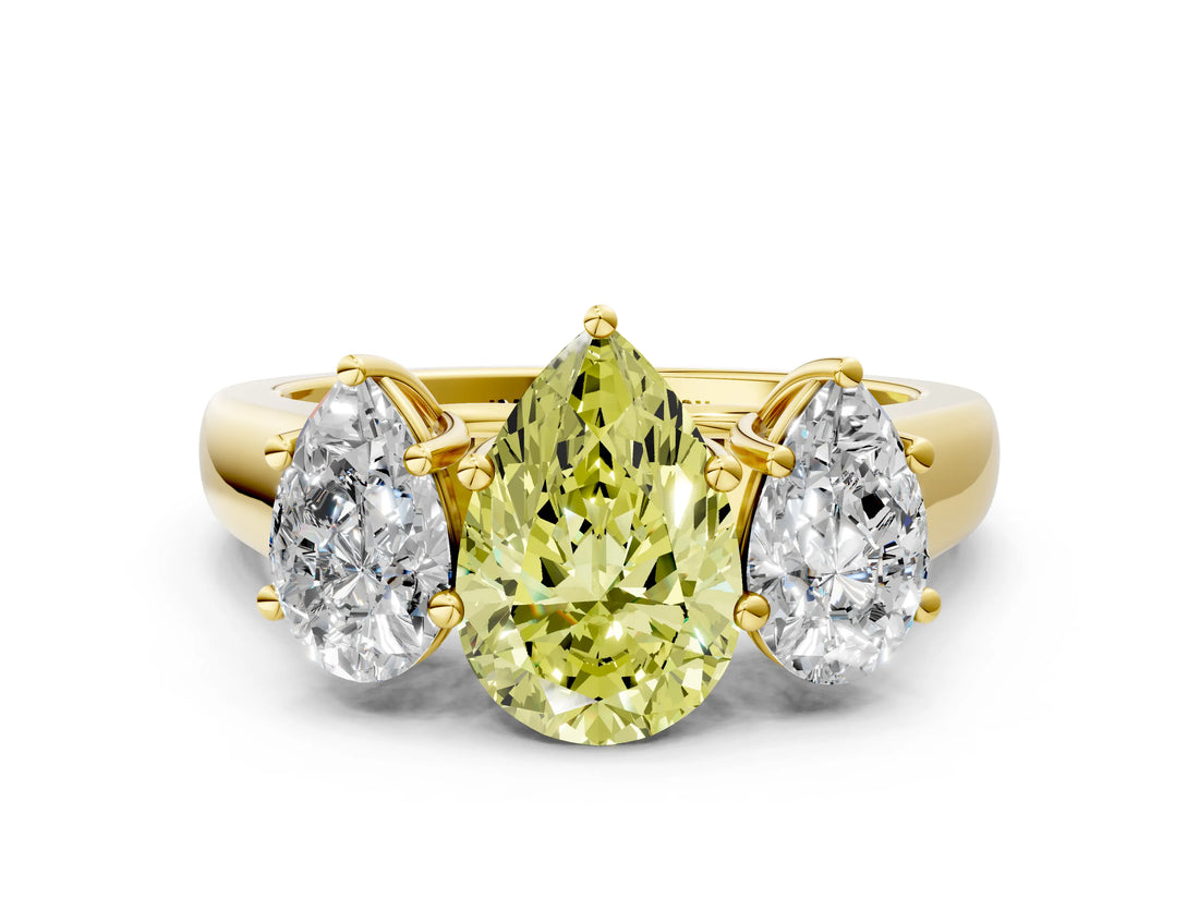 Yellow gold Fancy Yellow Pear Cut Three-Stone Diamond Ring with Prong Setting on a Classic Band_12