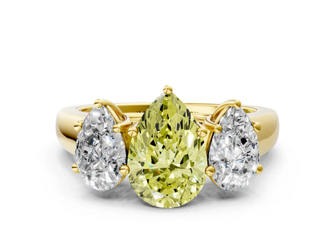 Yellow gold Fancy Yellow Pear Cut Three-Stone Diamond Ring with Prong Setting on a Classic Band