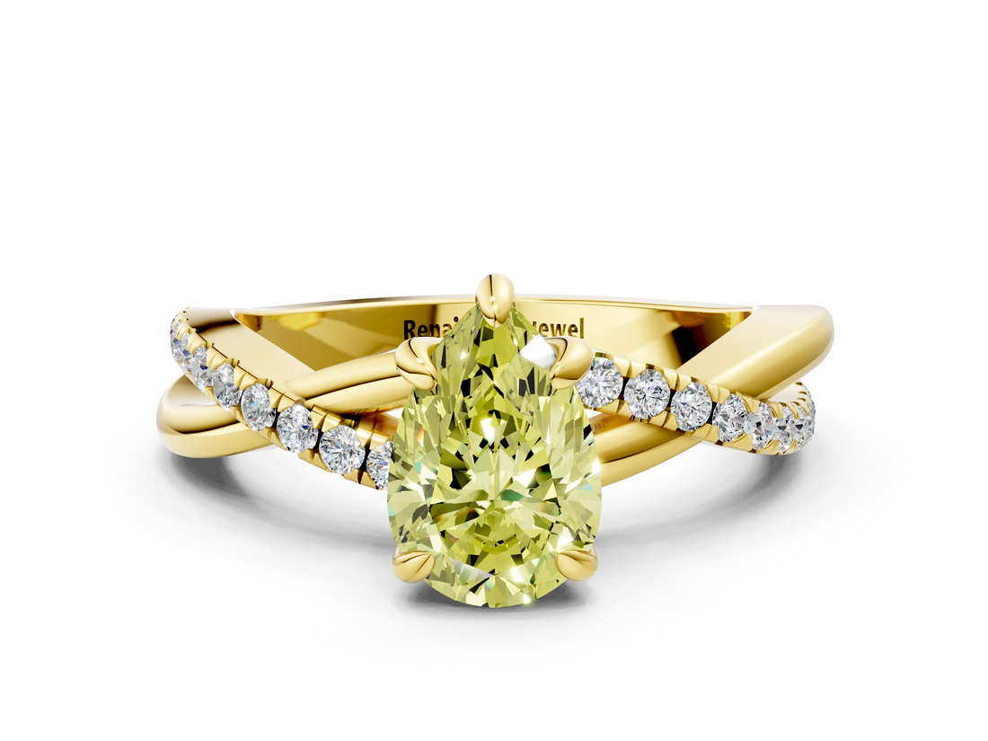 Yellow gold Fancy Yellow Pear  Cut Twist Band Solitaire Diamond Ring with Pavé Setting_3
