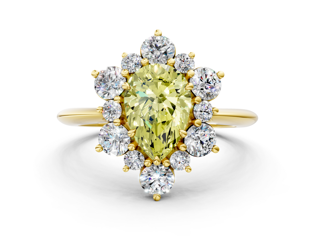 Yellow gold Fancy Yellow Pear  Diamond Cluster Halo Ring with Solitaire Band and Four-Prong Setting_20