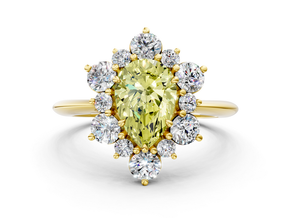 Yellow gold Fancy Yellow Pear  Diamond Cluster Halo Ring with Solitaire Band and Four-Prong Setting