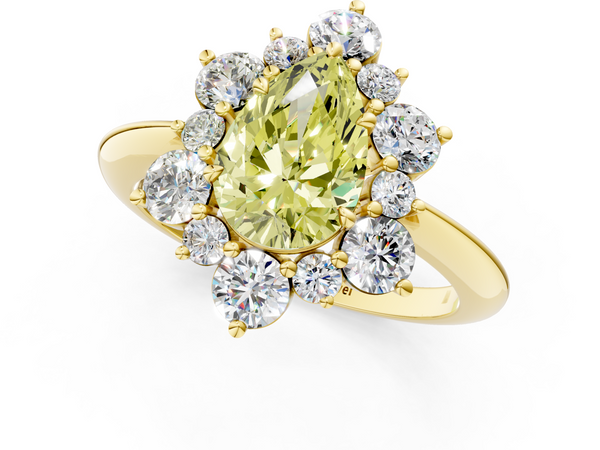 Yellow gold Fancy Yellow Pear  Diamond Cluster Halo Ring with Solitaire Band and Four-Prong Setting