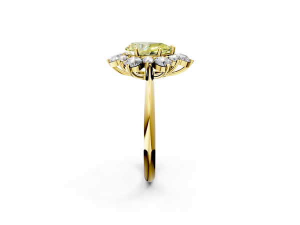 Yellow gold Fancy Yellow Pear  Diamond Cluster Halo Ring with Solitaire Band and Four-Prong Setting
