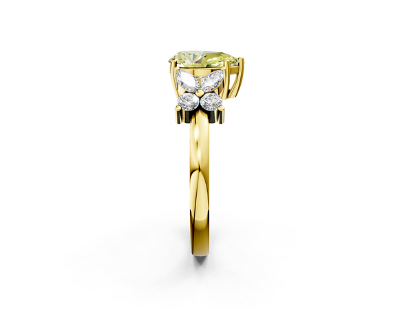 Yellow gold Fancy Yellow Pear  Diamond Floral Cluster Ring with Solitaire Band and Prong Setting