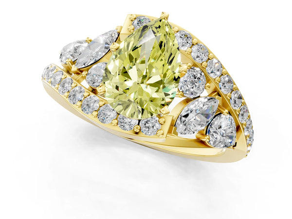 Yellow gold Fancy Yellow Pear  Diamond Halo Ring with Marquise and Pavé Band in Prong Setting