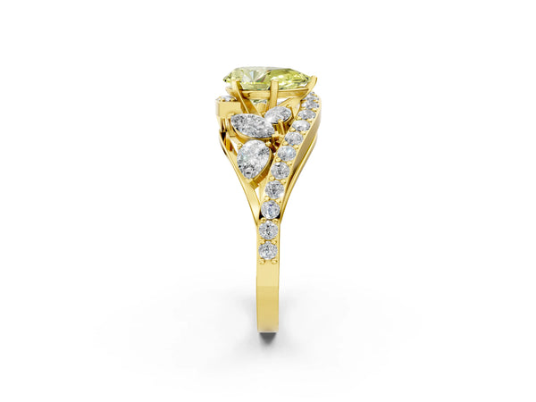 Yellow gold Fancy Yellow Pear  Diamond Halo Ring with Marquise and Pavé Band in Prong Setting