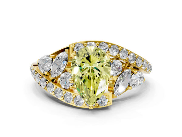 Yellow gold Fancy Yellow Pear  Diamond Halo Ring with Marquise and Pavé Band in Prong Setting