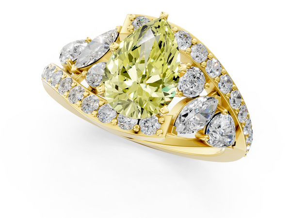 Yellow gold Fancy Yellow Pear  Diamond Halo Ring with Marquise and Pavé Band in Prong Setting