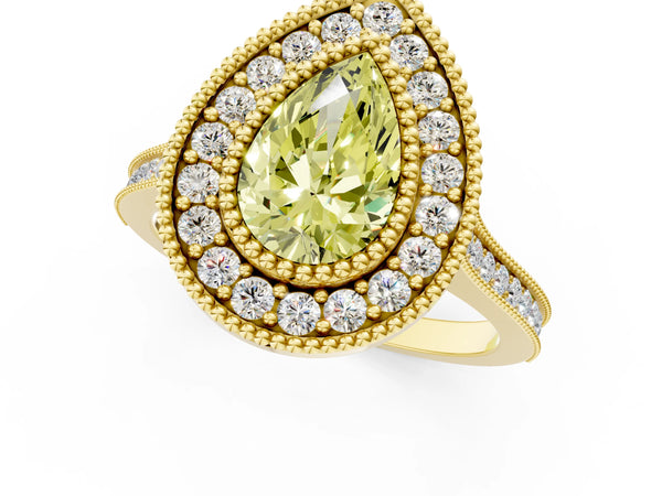 Yellow gold Fancy Yellow Pear  Diamond Halo Ring with Milgrain Frame and Pavé Band