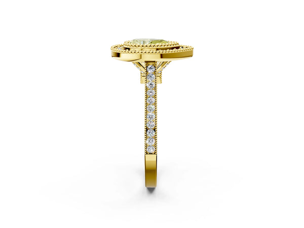 Yellow gold Fancy Yellow Pear  Diamond Halo Ring with Milgrain Frame and Pavé Band