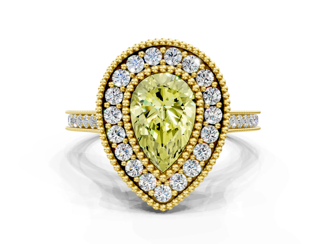 Yellow gold Fancy Yellow Pear  Diamond Halo Ring with Milgrain Frame and Pavé Band