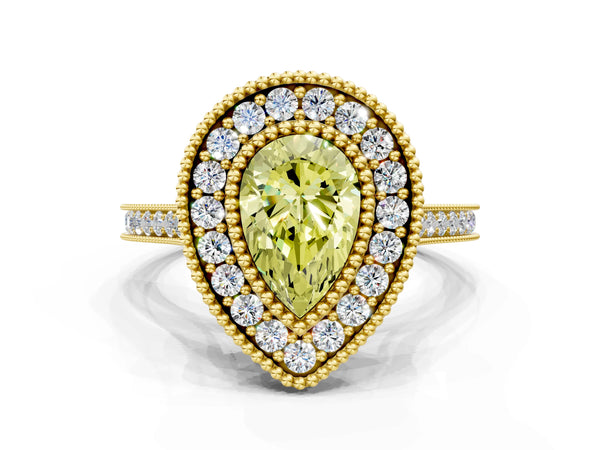 Yellow gold Fancy Yellow Pear  Diamond Halo Ring with Milgrain Frame and Pavé Band