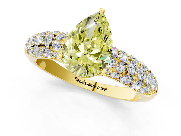 Yellow gold Fancy Yellow Pear  Diamond Pavé Band Solitaire Ring with Four-Prong Setting